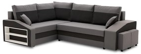 Grande sarokkanapé polcokkal és puffokkal , polc a bal karfaban puffok a jobb karfaban, baloldali, szövet anyag, hab töltet, szürke - fekete