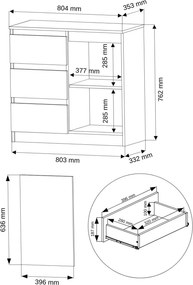 R-80-S3 fiókos komód 80 cm-es fiókokkal - különböző színváltozatokban antracit mix fehér