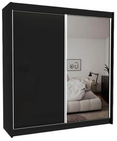 TARRA tolóajtós ruhásszekrény tükörrel, fekete, 200x216x61
