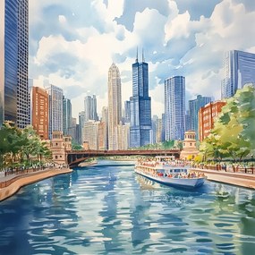 Vászonkép Canvas Város Folyó Chicago Felhőkarcolók Willis Tower 40x40