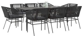 9 részes fekete polyrattan üveg kerti étkezőgarnitúra párnákkal