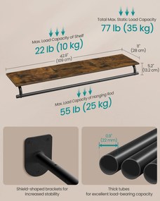 Fali Ruhatartó Állvány, Fali Polc Akasztórúddal, 28 x 109 x 13,2 cm, Rusztikus Barna és Fekete