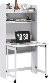 HOMCOM Számítógép Íróasztal Tároló Polcokkal, Összecsukható Munkaállomás Lehajtható Lappal és 2 Kerekével, 80 x 69 x 153 cm, Fehér | Aosom