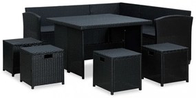 vidaXL 6 részes fekete polyrattan kerti bútorszett párnákkal