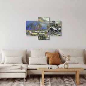 Téli tájon lévő házikó képe, olajfestmény (90x60 cm)