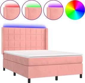 vidaXL rózsaszín bársony rugós és LED-es ágy matraccal 140x190 cm