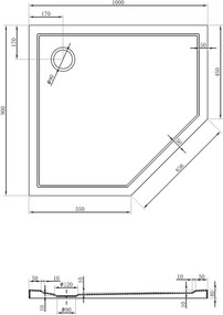 Mexen Flow ötszögletű slim bal oldali zuhanytálca 100 x 90 cm, fehér fényes - 46P109010L
