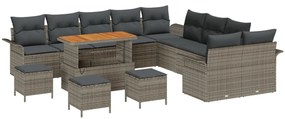 13 darabos kertiszófa szett párnákkal Szürke Poli Rattan Akác, 2-személyes kertiszófa tárolóval és párnákkal Szürke Poli Rattan, 3 darabos kertibútor szett párnákkal Szürke Poli Rattan Akác