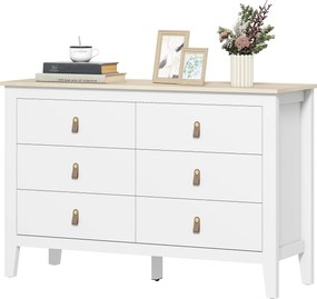 HOMCOM 6-Fiókos Fiókos Komód Hálószobába PU Fogantyúkkal, 120x40x78 cm Fehér | Aosom