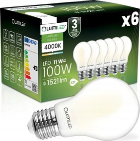 6x Led izzó E27 11W 100W 1521lm 4000K Semleges fehér Tejfilament