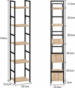 Intenso Home 5 szintes nyitott könyvespolc 29 x 144cm (Aranytölgy) | Univerzális tároló állvány fém lábakkal