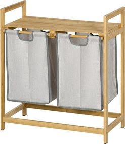 HOMCOM Bambusz Mosókosár Kétrekeszes Ruháskosár 2 Visszavehető Táskával és Polccal 20kg Terhelhetőség 2x40,6L Fürdőszobába és Hálószobába 64x33x73 cm