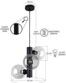 Csillár zsinóron TUBE 3xE27/60W/230V fekete/átlátszó