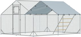 PawHut Kerti Tyúkól - Acélból készült Szabadon Futó Kerítés, 3 x 4 x 1,95 m Tyúkketrec UV-álló Borítással, Takarmányajtóval, Függő Takarmányzóval, Ülő