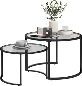 HOMCOM Kerek Coffee Table 2 darabos szett Oldal Asztal Edzett Üveg Asztallappal, Részben Rakható Nappali Asztal | Aosom