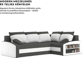 Grande sarokkanapé polcokkal , polc a jobb karfaban, jobboldali, szövet anyag, hab töltet, szürke - fehér