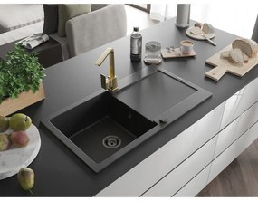 Mexen Leo, gránit mosogató 900x500x190 mm, 1 kamrás, fekete, fekete szifonnal és arany Rita mosogató csapteleppel, 6501-77-670300-50-B