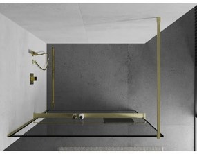 Mexen Kioto+, Walk-In zuhany paraván polccal és akasztóval 120 x 200 cm, 8 mm átlátszó üveg fekete mintás, arany matt profil, 800-120-121-55-70