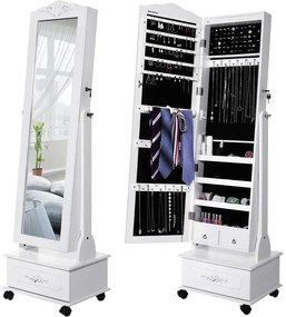 Tükrös ékszerszekrény kerekekkel és LED világítással, zárható, fehér