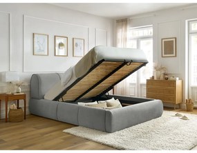 Világosszürke kárpitozott franciaágy tárolóhellyel, ágyráccsal 160x200 cm Vernon – Bobochic Paris