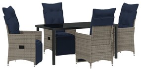 5 részes kerti étkezőszett párnákkal szürke poli rattan, Kerti Asztal Fekete 160x80x73 cm Edzett Üveg