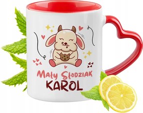 Piros bögre szív alakú füllel Károlynak Ajándék