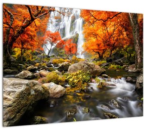 Kép - vízesések a narancssárga erdőben (üvegen) (70x50 cm)