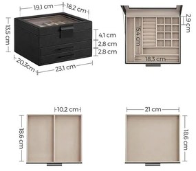 Ékszerdoboz üvegtetővel, 3 fiókos ékszertartó, fekete
