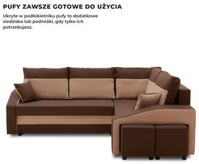 Grande sarokkanapé polcokkal és puffokkal , polc a bal karfaban puffok a jobb karfaban, jobboldali, szövet anyag, bonell töltet, barna