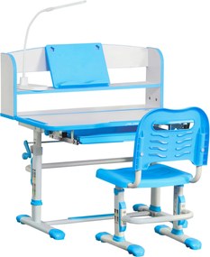 HOMCOM Gyerek Íróasztal és Szék Szett 6-12 Évesek Számára Magasságban Állítható, Iskolai Íróasztal 45°-ban Dönthető Toppal, Lámpával, Fiókkal, Polccal