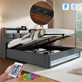 Kárpitozott ágy Franciaágy 160x200cm Usb Led Ágyrács szürke