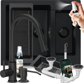 Mosogató Fekete Gránit Másfélmedencés Fekete Szifon Csaptelep Adagoló