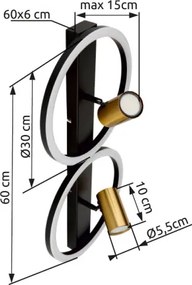 Globo 57033-2 Fali lámpa fém fekete matt, fém sárgaréz matt, műanyag fehér, HxSzxM: 600x300x155mm, LED 24W 230V, 2850lm forrás, 1400lm kimenet, 3000K, 2x GU10 LED 5W 230V izzók nélkül
