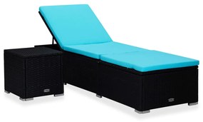 Kék polyrattan napozóágy párnával és teázóasztallal