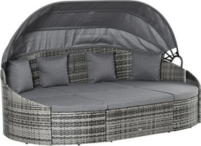 Outsunny Rattan Napozóágy 4-Darabos Napernyővel és Ülőgarnitúrával, 4 Párnával, Szürke Fém 230 x 145 x 80 cm | Aosom