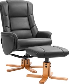HOMCOM Fotel Lábpihentetővel, TV Fotel Hátfoglaltatással és Ringató Funkcióval, Fekete Műbőr, Fa Lábak | Aosom