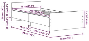 fekete tölgy színű szerelt fa ágykeret matrac nélkül 75x190 cm