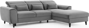 Szürke bársony kinyitható-tárolóhelyes sarokkanapé (jobb oldali-heverő résszel) Foble – ELTAP