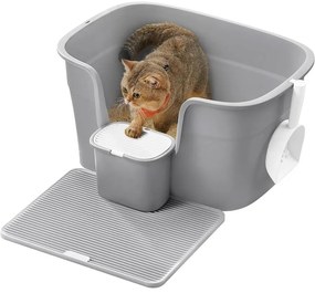 Extra nagy macskaalomdoboz magas oldalfallal, alomfogó ráccsal, szürke színben