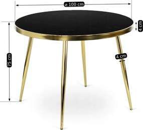 Üveg étkezőasztal 100 cm méretben, fekete/arany színben TINGA