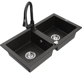 Mexen Mario, 2-kamrás gránit mosogató 820x436x161 mm és Elia mosogató csaptelep, fekete-arany metál, 6504-75-670101-70