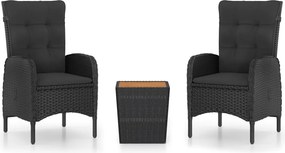 vidaXL 3 részes fekete polyrattan és akácfa kerti bisztrószett