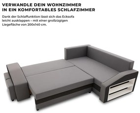 Grande sarokkanapé polcokkal és puffokkal , polc a jobb karfaban puffok a bal karfaban, jobboldali, szövet anyag, bonell töltet, szürke - fekete