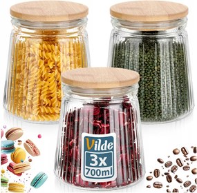 3x Bambusz Üveg konyhai ételtároló tartály ömlesztett termékek 0,7L