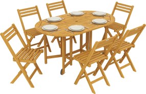 Outsunny 7 részes FSC akác kerti étkezőgarnitúra — kihúzható asztal és 6 összecsukható szék, időjárásálló, natúr kivitel, ernyőlyukkal | Aosom