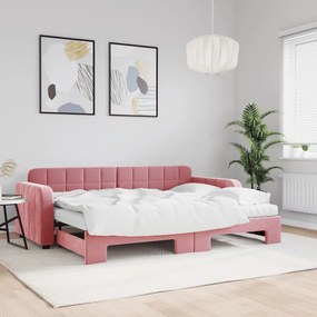 rózsaszín kihúzható bársony heverő matraccal 80 x 200 cm