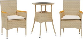 vidaXL 3 részes bézs polyrattan/üveg kerti étkezőgarnitúra párnákkal