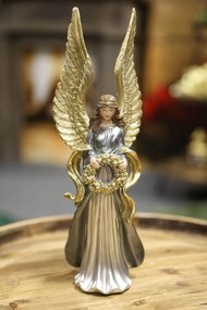 Kék-arany angyal figura, koszorúval 32cm