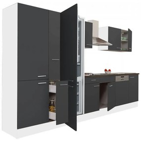 Yorki 370 konyhabútor fehér korpusz,selyemfényű antracit fronttal polcos szekrénnyel és alulfagyasztós hűtős szekrénnyel
