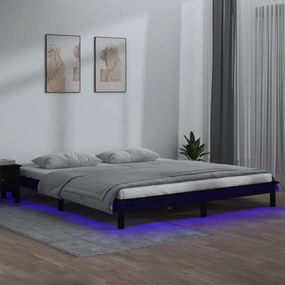 fekete tömör fa ágykeret LED-világítással 140x190 cm